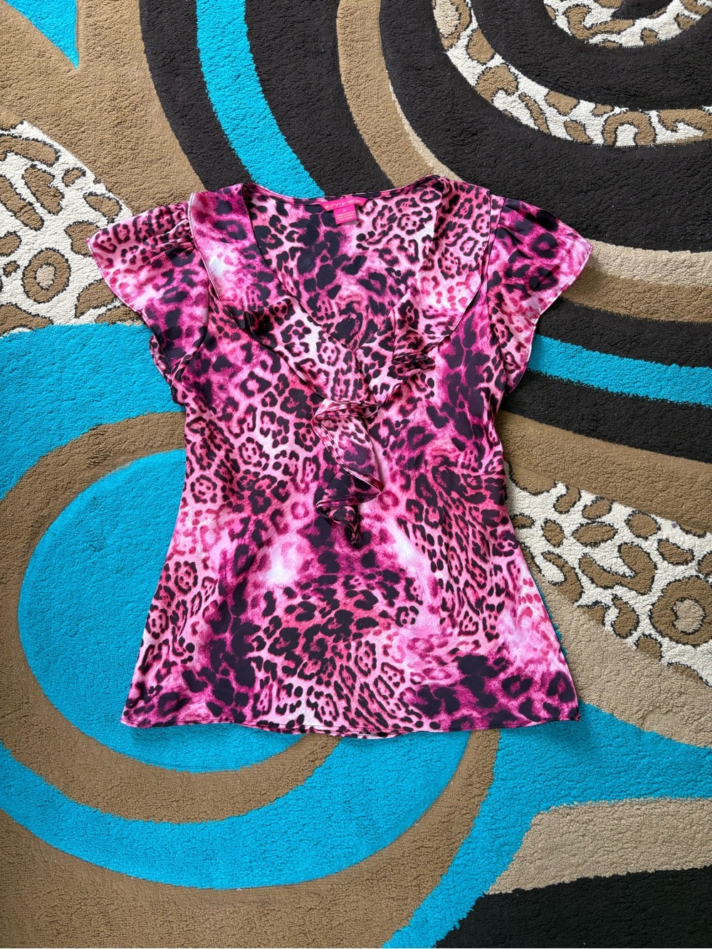 Sunny Leigh Hot Pink and Black Leopard Print V-Neck Ruffle Blouse